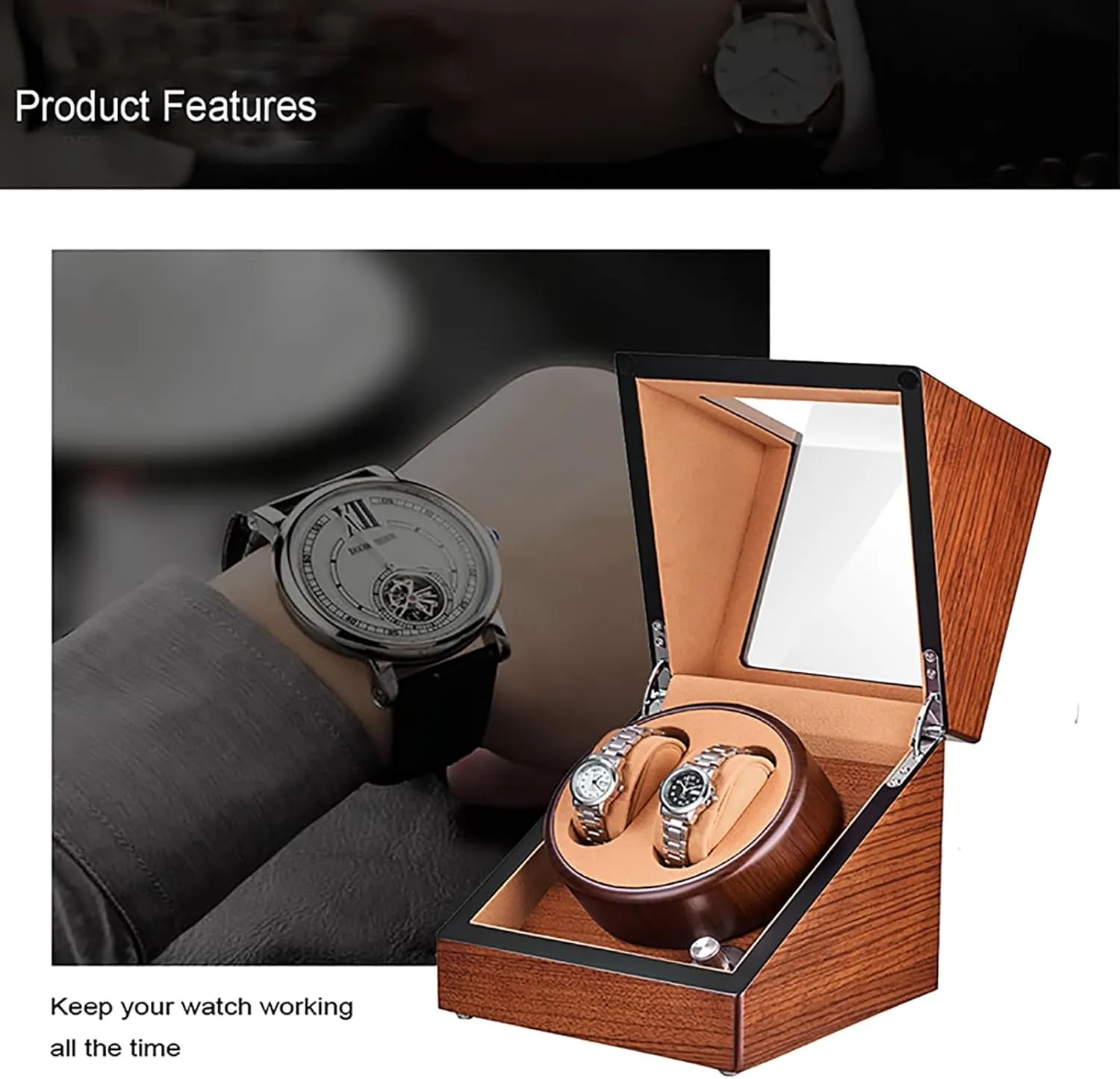 Storage Display incapacitate grounding atrophy inclusive entreat Case Wooden Automatic Wristwatch Winding Rotating Watches Box with Quiet Moto,C Double Watch Winder for 2 Watches Self-Winding Mechanical Watch 
