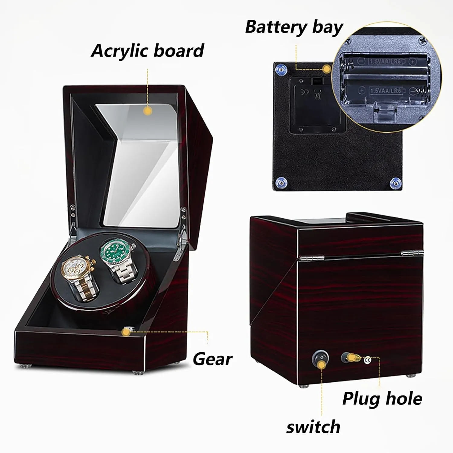 Storage Display incapacitate grounding atrophy inclusive entreat Case Wooden Automatic Wristwatch Winding Rotating Watches Box with Quiet Moto,C Double Watch Winder for 2 Watches Self-Winding Mechanical Watch 