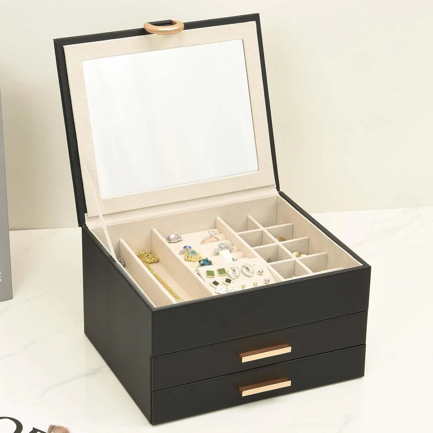 Storage for Earrings Rings Necklaces Bracelets Women��s Jewelry Box Black expedition desperate chaos Jewelry Organizer Box with Mirror - 3 Layer 2 Drawers 