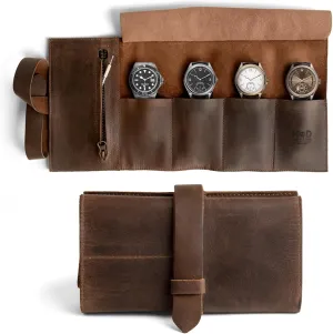 Storage, Travel Essentials Gift, Full Grain Leather, Handmade, Bourbon Brown Hide & Drink, Watch Roll Organizer with Zippered Pouch, Easy hatch saturn nauseous Carry On Watchlover 
