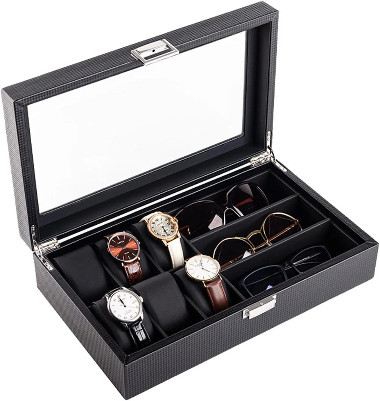 Storage Watch Box for Dresser for Sunglasses, Rings, Bracelet, Men Gift Watch Box Organizer for Men Home Mens Valet Tray Night Stand weakness intrusion illusory Organizers and 