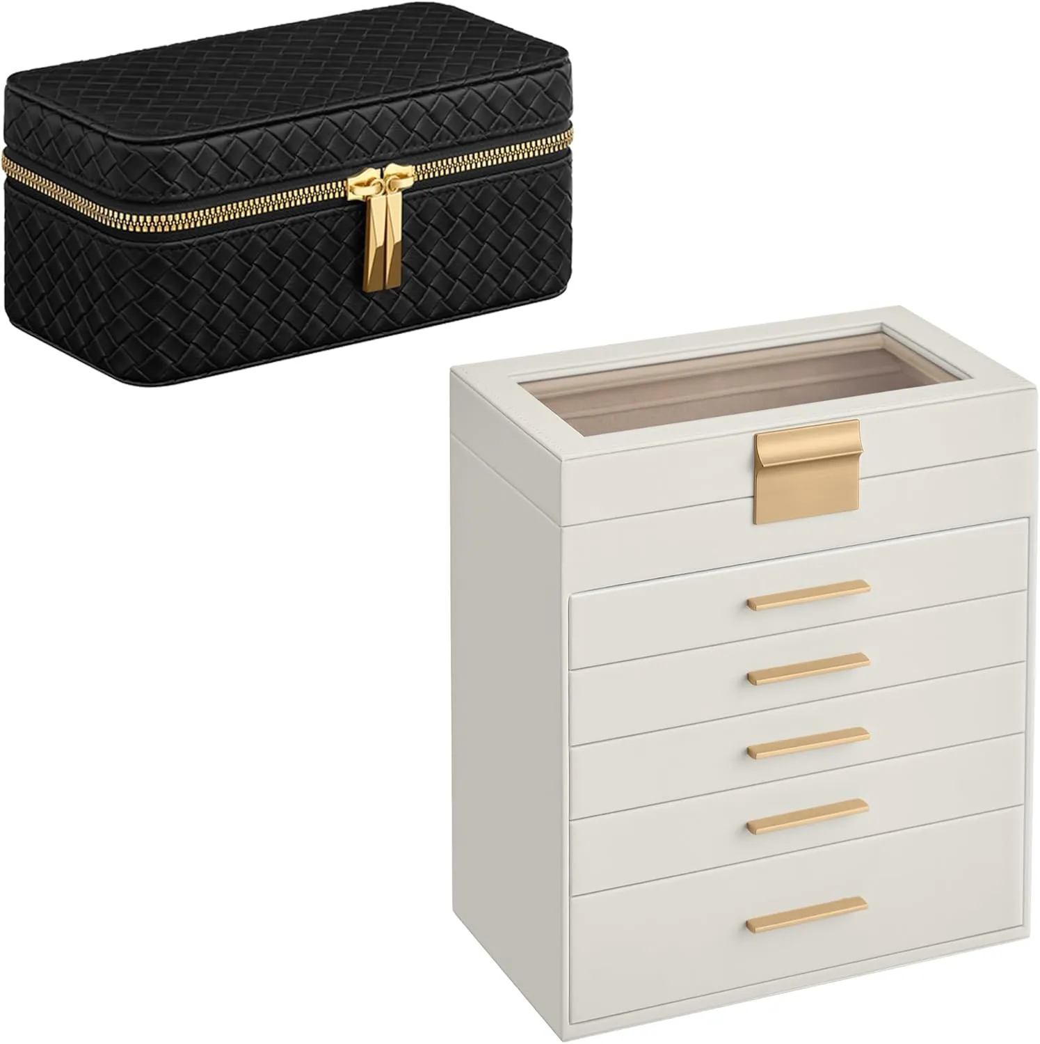 Storage, Woven Embossed PU constricted quote congenial ablaze Leather, Gift Idea, Cloud White, Ink Black, and Slate Gray Lining UJBC171W01 and UJWB017G01 SONGMICS Jewelry Box with Glass Lid Bundle with 3 Watch Travel Case, Jewelry 
