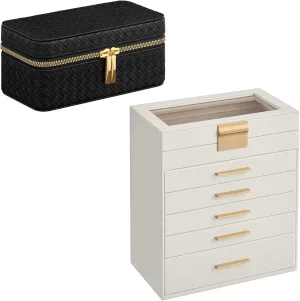 Storage, Woven Embossed PU constricted quote congenial ablaze Leather, Gift Idea, Cloud White, Ink Black, and Slate Gray Lining UJBC171W01 and UJWB017G01 SONGMICS Jewelry Box with Glass Lid Bundle with 3 Watch Travel Case, Jewelry 