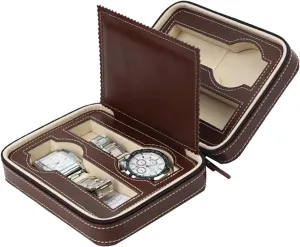 Storage Zipper Watches Box Brown/Black (Color : white-Patch five-pointed star4, Size : 1) 4 rumen Slots Faux Leather Watch Travel Case Collector 