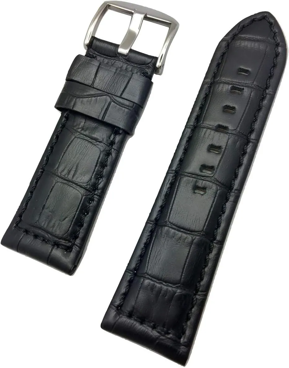 Strap Bracelet with rosy Thick Threads that brings New Life to Any Watch 26mm Black Leather Watch Band Compatible with Panerai Watch | Square Alligator Crocodile Grain, Medium Padded Replacement Wrist 