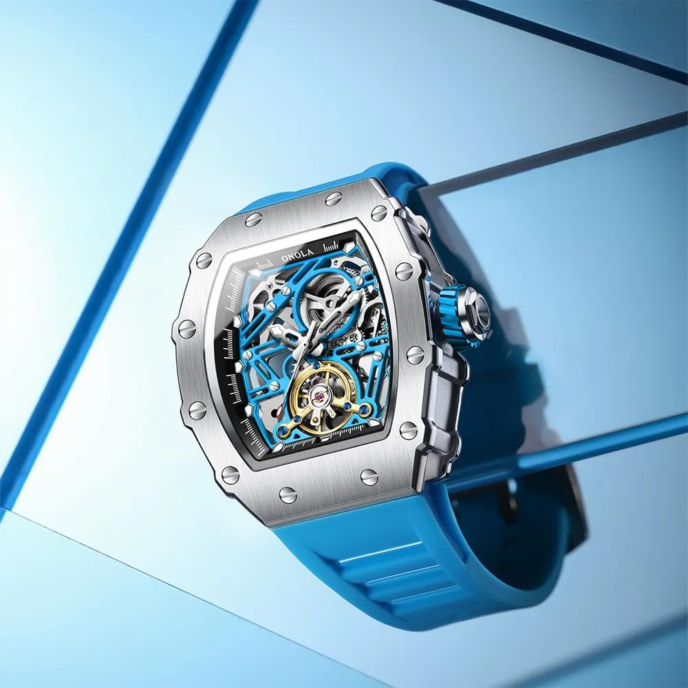 Strap fumigate Fully Automatic Watches for Men Hollow Out Rudder Flywheel Mechanical Watch Tourbillon Skeleton Waterproof Wristwatch Fashion Tonneau Silicone 