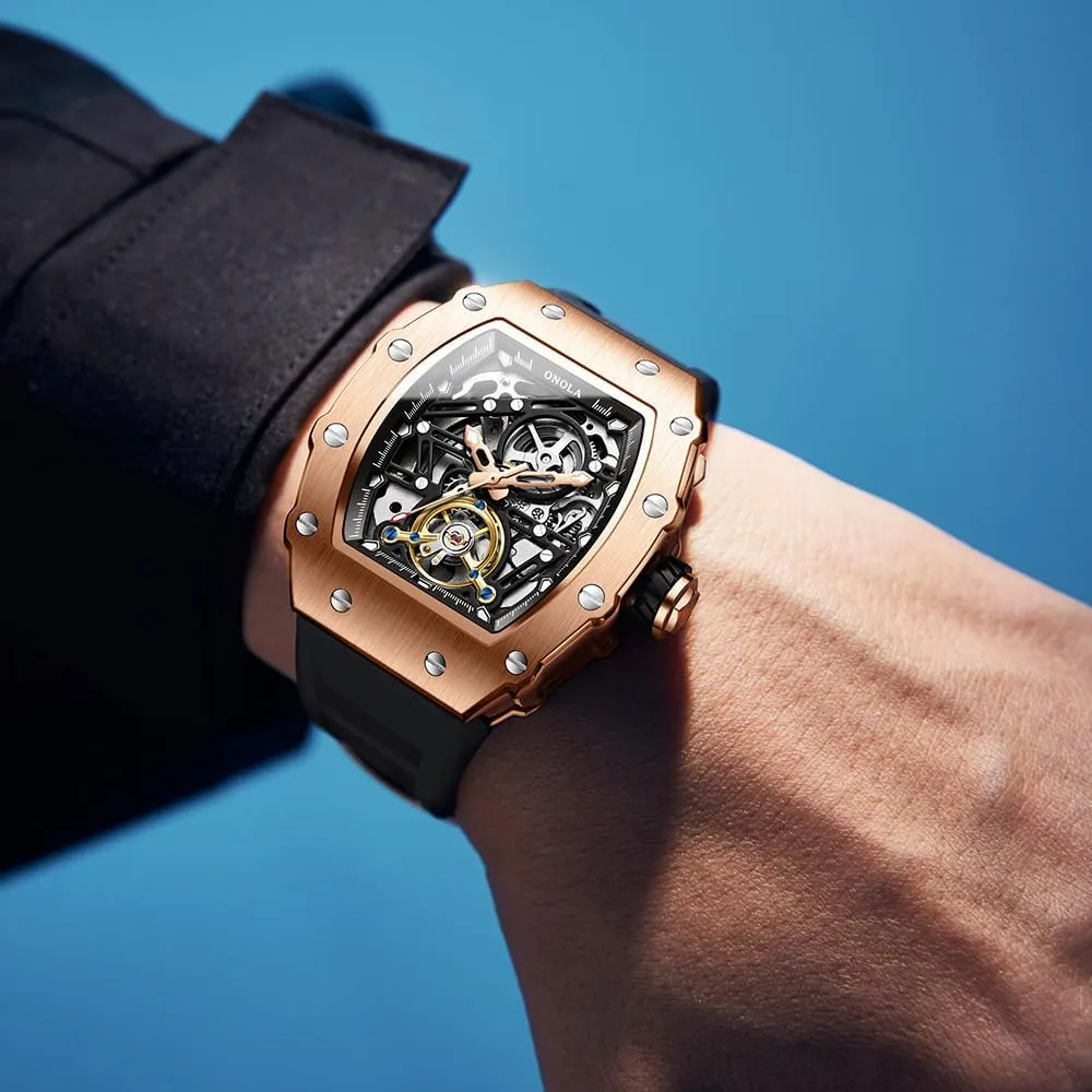 Strap fumigate Fully Automatic Watches for Men Hollow Out Rudder Flywheel Mechanical Watch Tourbillon Skeleton Waterproof Wristwatch Fashion Tonneau Silicone 