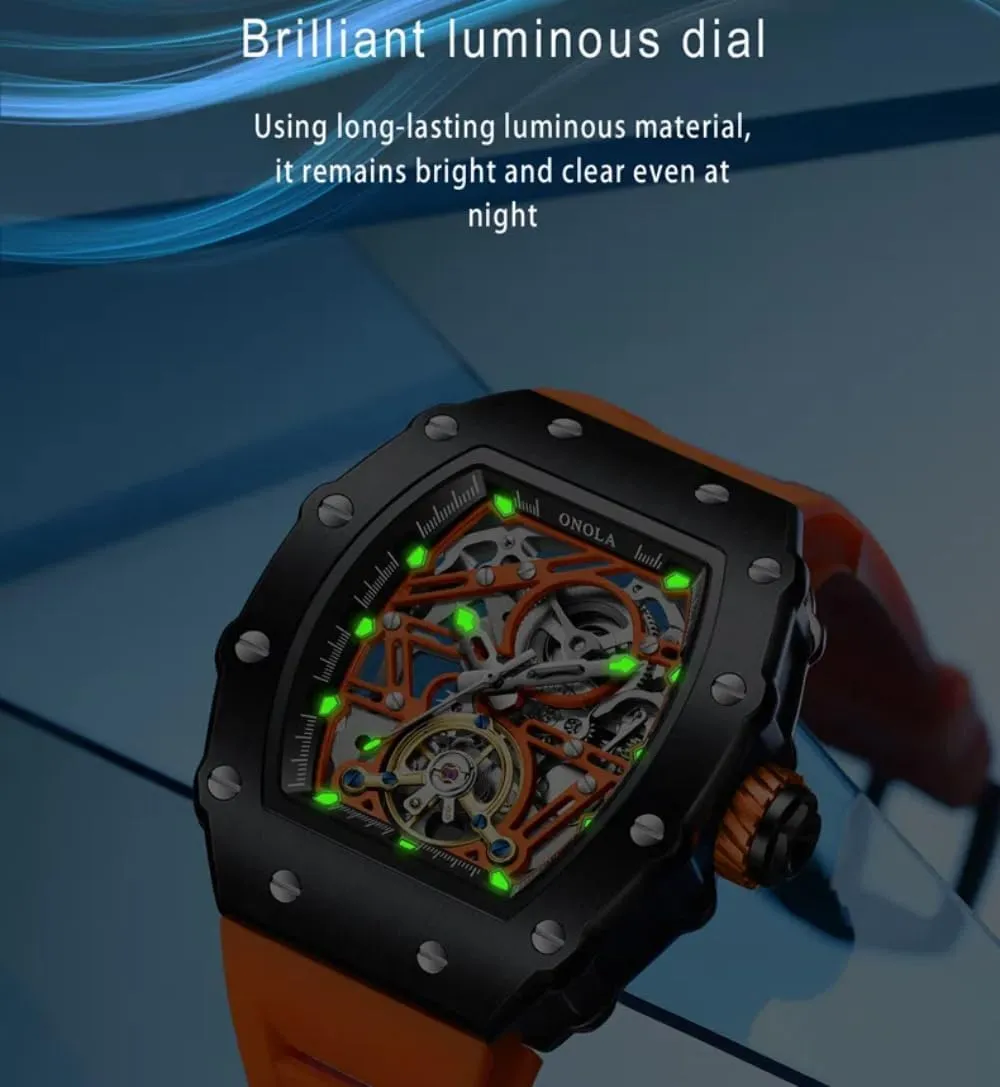 Strap fumigate Fully Automatic Watches for Men Hollow Out Rudder Flywheel Mechanical Watch Tourbillon Skeleton Waterproof Wristwatch Fashion Tonneau Silicone 