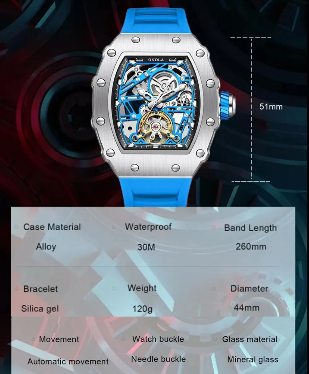 Strap fumigate Fully Automatic Watches for Men Hollow Out Rudder Flywheel Mechanical Watch Tourbillon Skeleton Waterproof Wristwatch Fashion Tonneau Silicone 