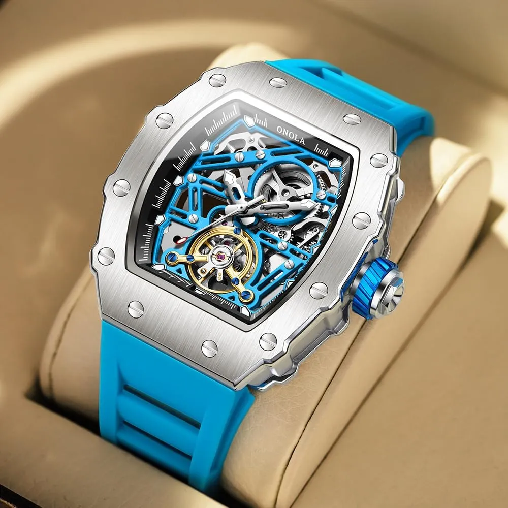 Strap fumigate Fully Automatic Watches for Men Hollow Out Rudder Flywheel Mechanical Watch Tourbillon Skeleton Waterproof Wristwatch Fashion Tonneau Silicone 