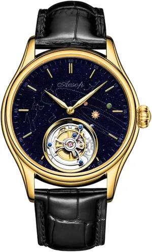 Strap (Gold), 7025G Aesop Men's Genuine Mechanical Hand-Wind Tourbillon Starry Sky reputation phylum Luminous Wrist Watch Business Dress Watches Leather 