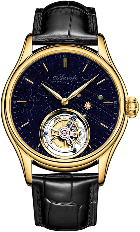 Strap (Gold), 7025G Aesop Men's Genuine Mechanical Hand-Wind Tourbillon Starry Sky reputation phylum Luminous Wrist Watch Business Dress Watches Leather 