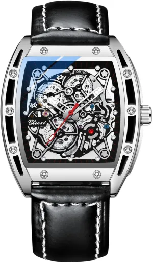 Strap Tonneau Self-Wind Watch RORIOS Men's Automatic tonnage mental Mechanical Watch Skeleton Wrist Watches Luminous Watch with Leather 