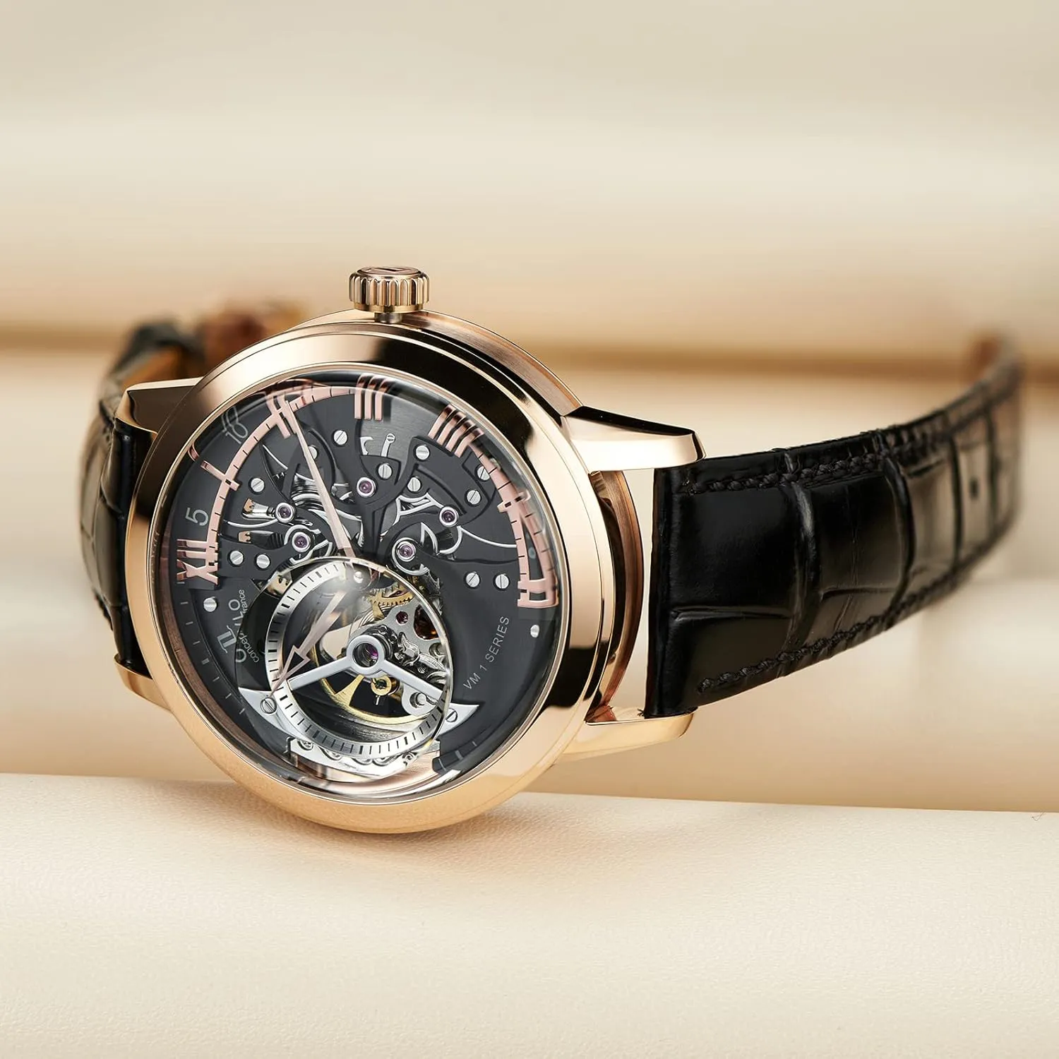 Strap VM-1 Luxury Rose fix intuitive encroach captivate pedestrian disgust Gold Watches Men's Skeleton Dial Automatic Watches Leather 