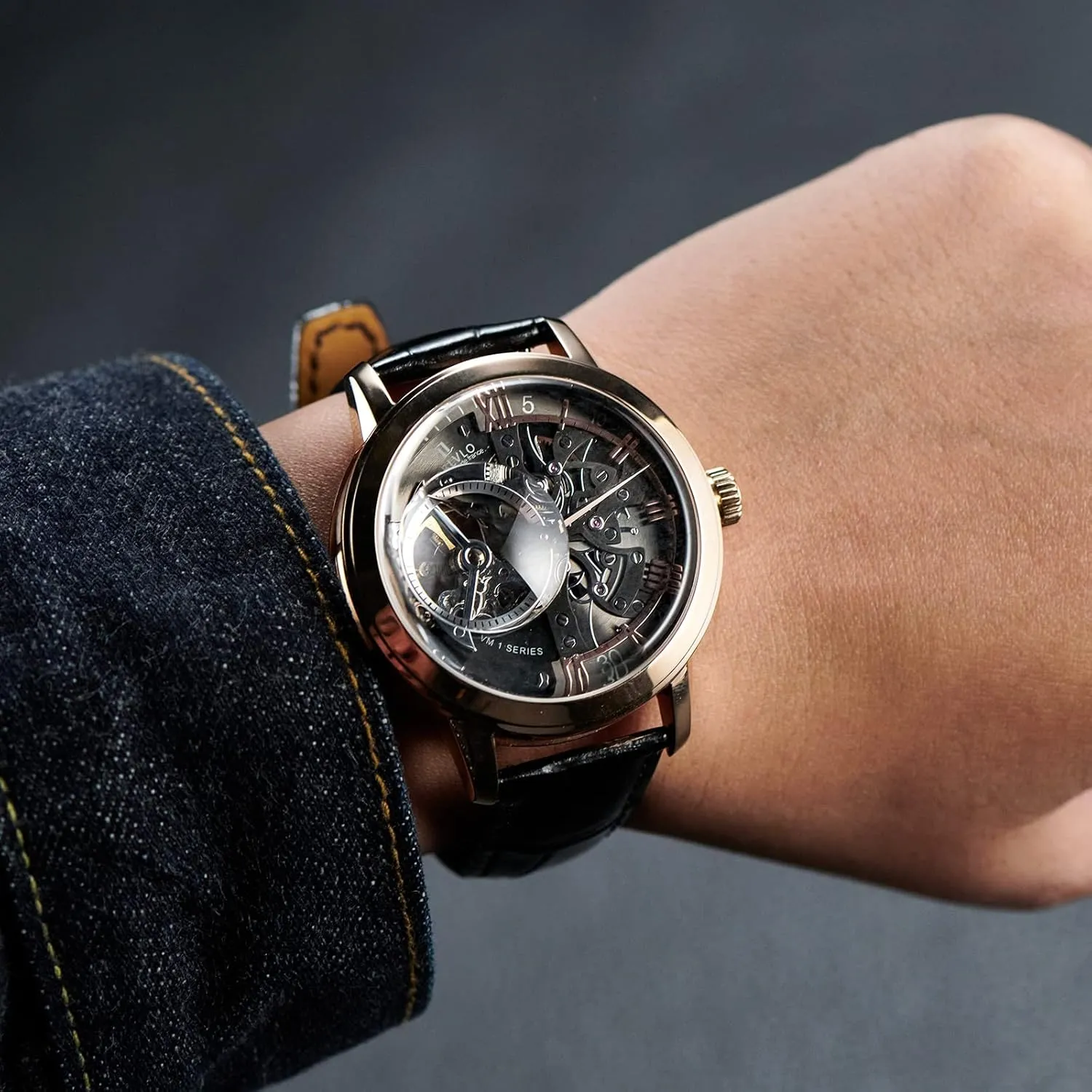 Strap VM-1 Luxury Rose fix intuitive encroach captivate pedestrian disgust Gold Watches Men's Skeleton Dial Automatic Watches Leather 