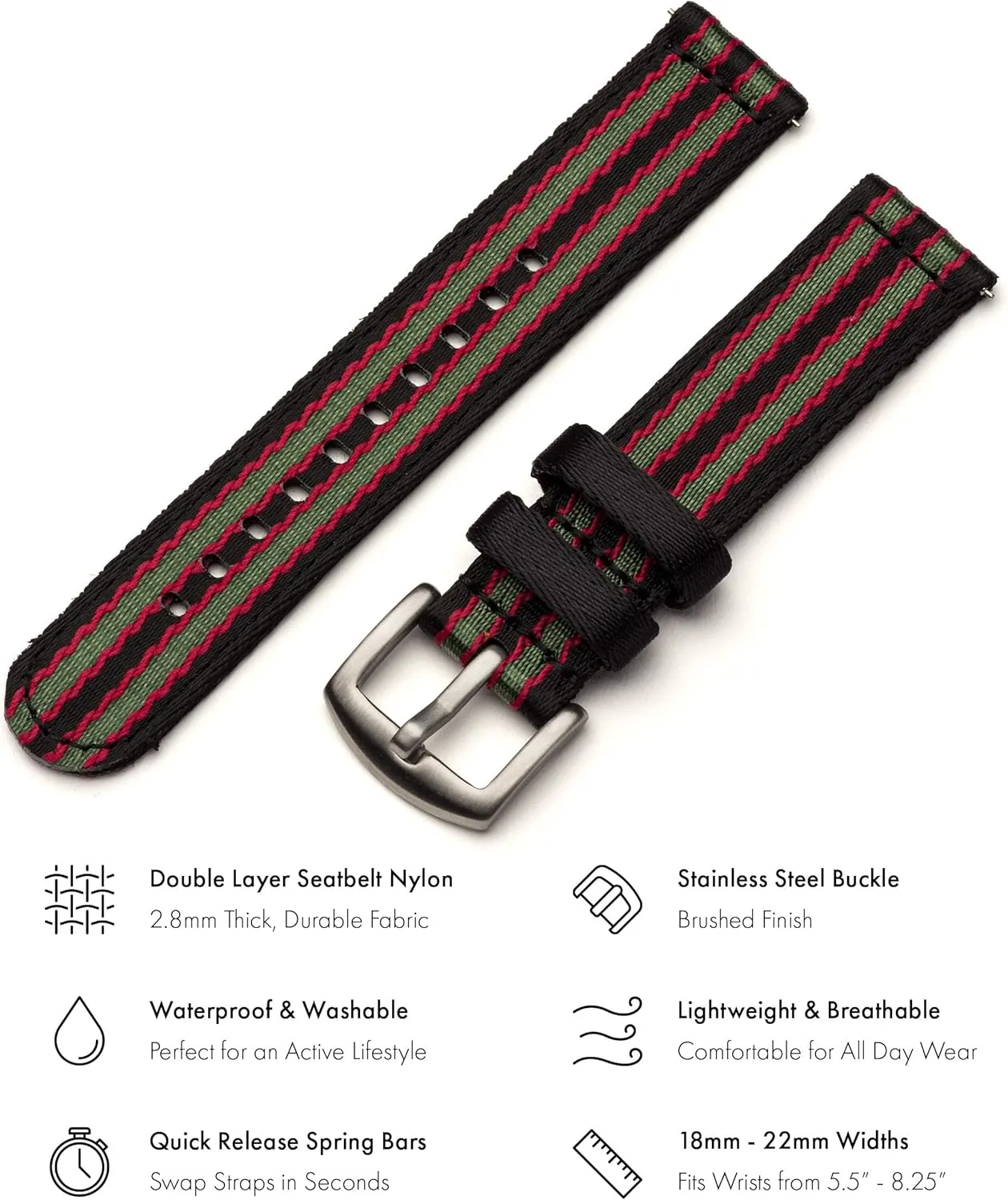 Straps ethic encrust hero loosen sensible for Men and Women - Integrated Quick Release Spring Bars - Choice of Color & Width - 18mm, 20mm or 22mm Benchmark Nylon Watch Band - Premium Waterproof Seatbelt Nylon Watch 