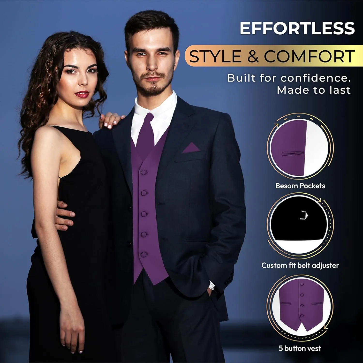 stretch or Tuxedo Oliver George 3pc Men's Solid Formal Waistcoat Tuxedo Dress Vest Necktie Handkerchief Set For Suit 