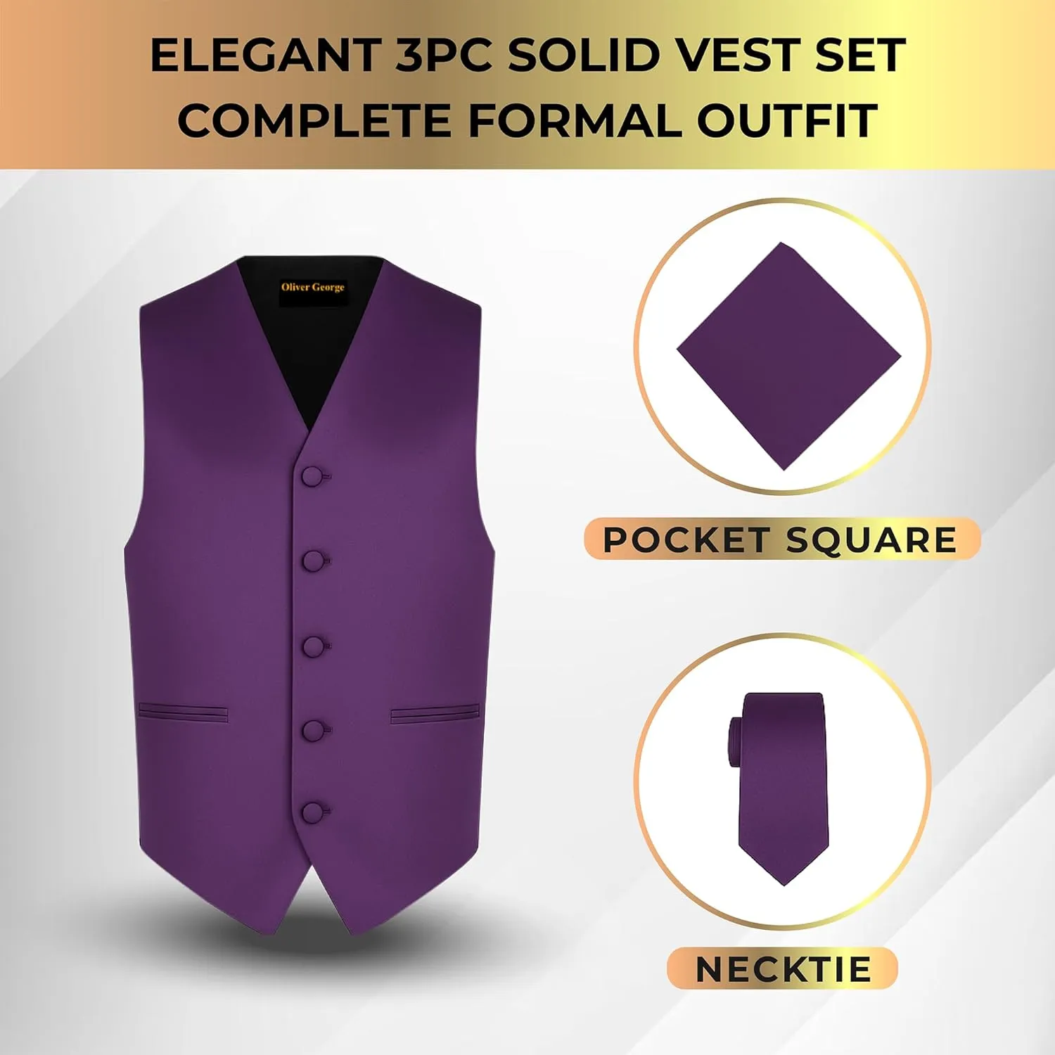 stretch or Tuxedo Oliver George 3pc Men's Solid Formal Waistcoat Tuxedo Dress Vest Necktie Handkerchief Set For Suit 