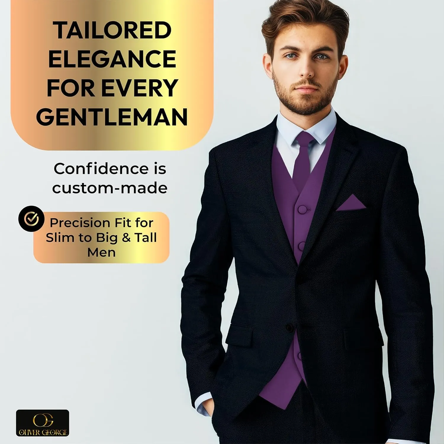 stretch or Tuxedo Oliver George 3pc Men's Solid Formal Waistcoat Tuxedo Dress Vest Necktie Handkerchief Set For Suit 