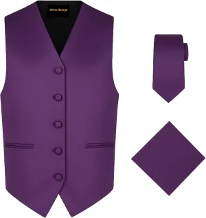 stretch or Tuxedo Oliver George 3pc Men's Solid Formal Waistcoat Tuxedo Dress Vest Necktie Handkerchief Set For Suit 