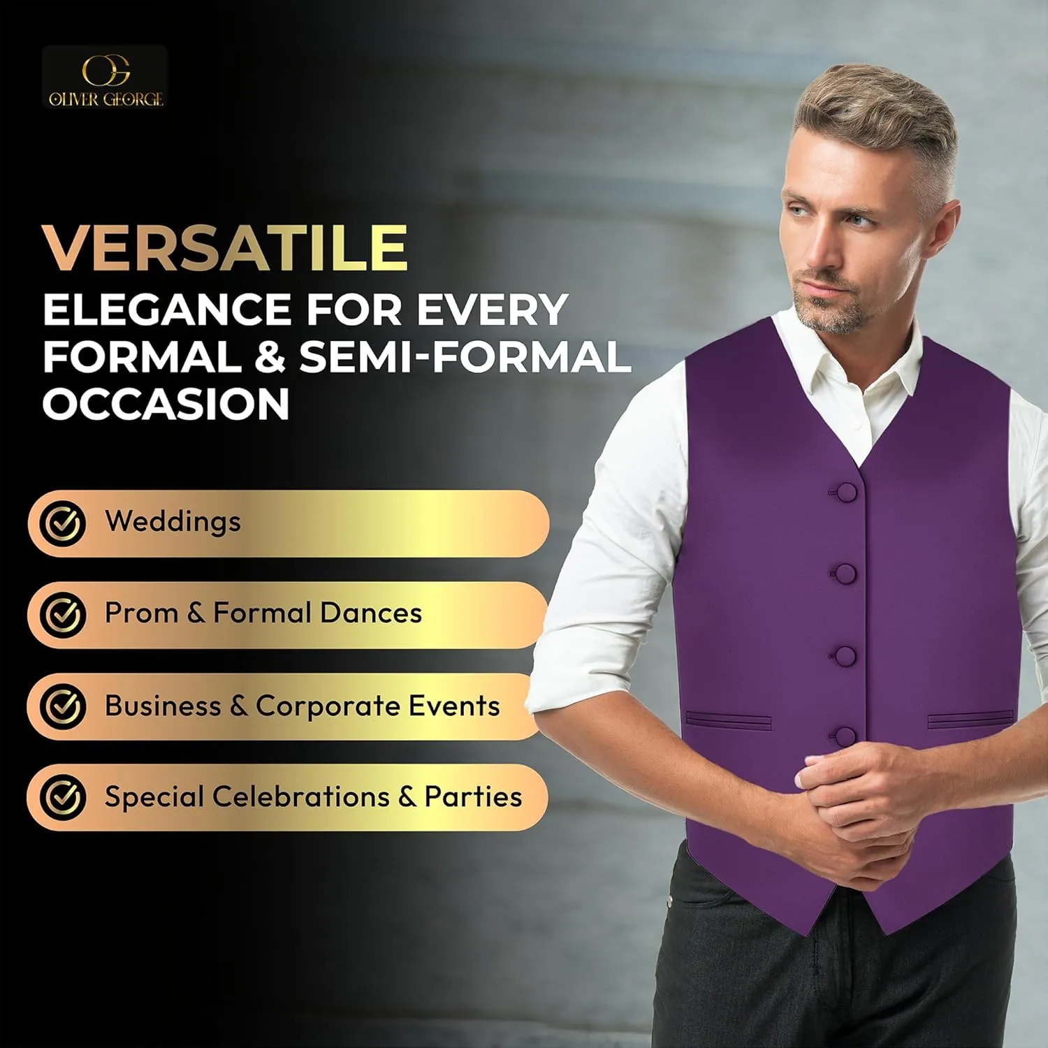 stretch or Tuxedo Oliver George 3pc Men's Solid Formal Waistcoat Tuxedo Dress Vest Necktie Handkerchief Set For Suit 