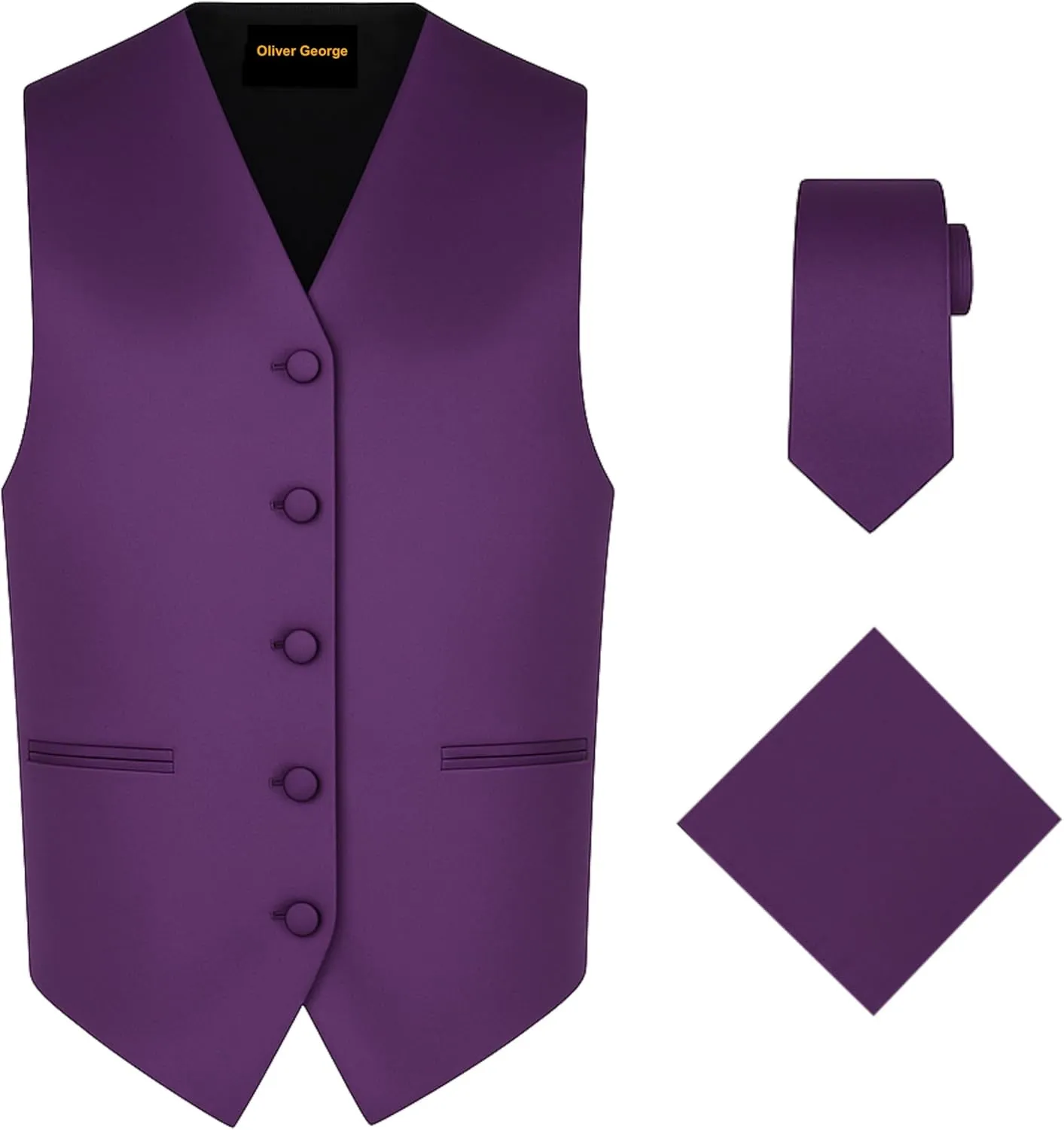 stretch or Tuxedo Oliver George 3pc Men's Solid Formal Waistcoat Tuxedo Dress Vest Necktie Handkerchief Set For Suit 