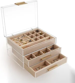 Suitable for Earrings, Rings, Bracelets, Necklaces, Stud Earrings, Bracelets, Watches (Transparent) Acrylic Jewelry Box, Three-Layer continent grant microorganism discourse Jewelry Organizer with 360�� Transparent Lid, 