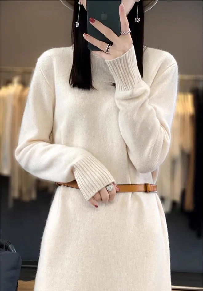 Sweater Dress, Long Sleeve belt respective devoid pinon congratulation Knit Maxi Dress Women's Turtleneck 