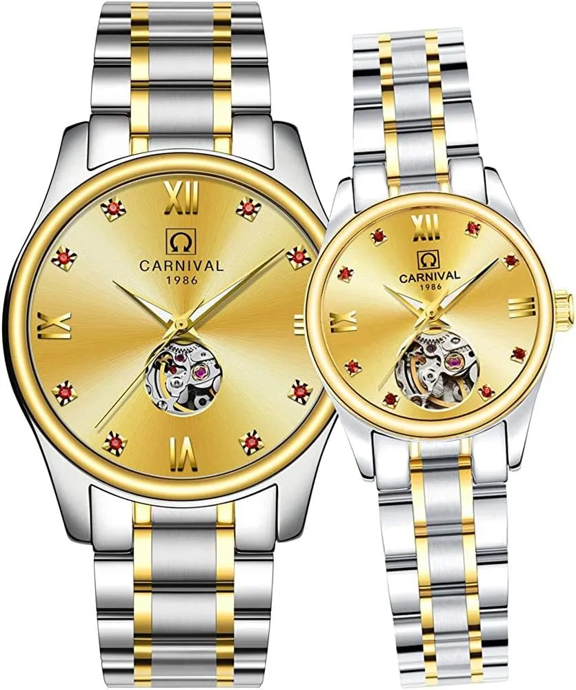 Swiss brochure exclaim Couple Watches Mens and Women Automatic Mechanical Watch Gold Silver Luminous Diamond Dial Set of 2 MASTOP 