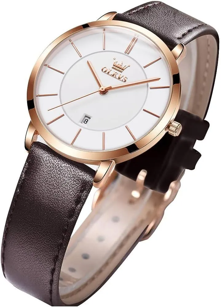 Thin Minimalist Casual Simple Dress Quartz Analog with Date glacier Calendar OLEVS Women's Watches for Ladies Female Wrist Watch Leather Band Waterproof 