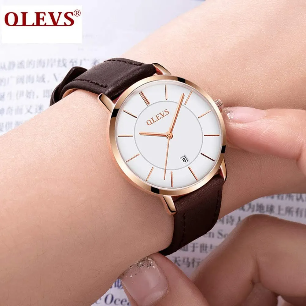 Thin Minimalist Casual Simple Dress Quartz Analog with Date glacier Calendar OLEVS Women's Watches for Ladies Female Wrist Watch Leather Band Waterproof 