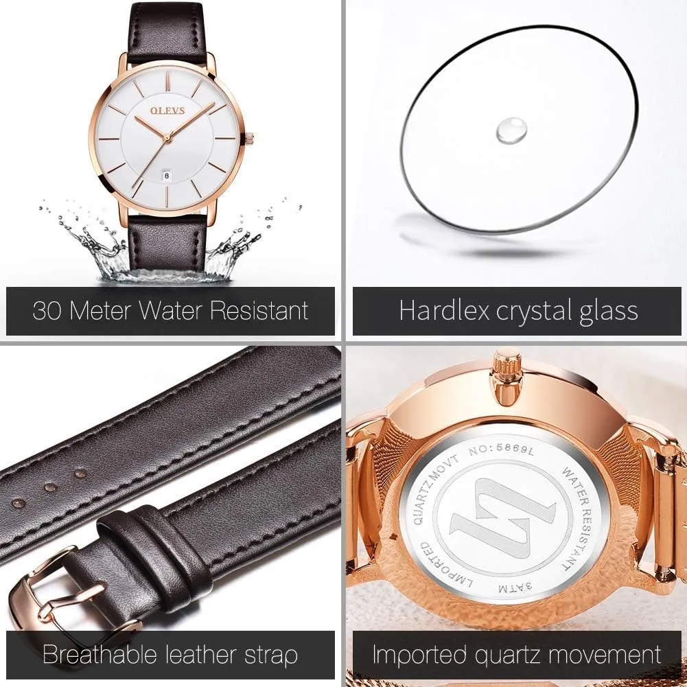 Thin Minimalist Casual Simple Dress Quartz Analog with Date glacier Calendar OLEVS Women's Watches for Ladies Female Wrist Watch Leather Band Waterproof 
