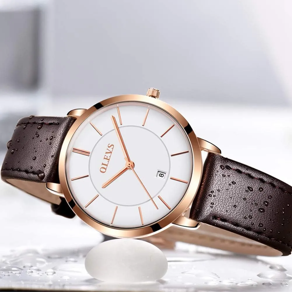 Thin Minimalist Casual Simple Dress Quartz Analog with Date glacier Calendar OLEVS Women's Watches for Ladies Female Wrist Watch Leather Band Waterproof 