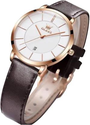 Thin Minimalist Casual Simple Dress Quartz Analog with Date glacier Calendar OLEVS Women's Watches for Ladies Female Wrist Watch Leather Band Waterproof 