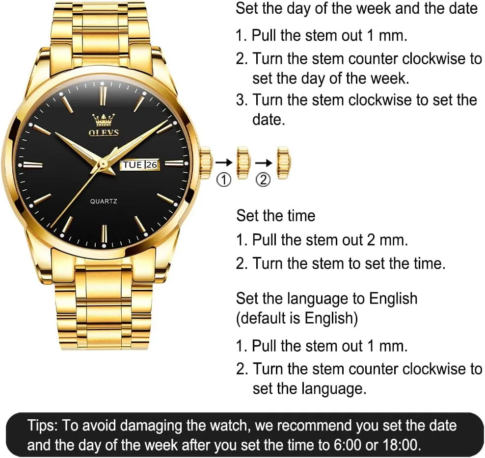 to Read Analog Quartz Watch with Day and Date, Classic Waterproof Diamond Roman Arabic Numerals Dial jibe Dress Watch for Men, Gold Silver Black Band Men's Casual Stainless Steel Watch, Big Face Easy 