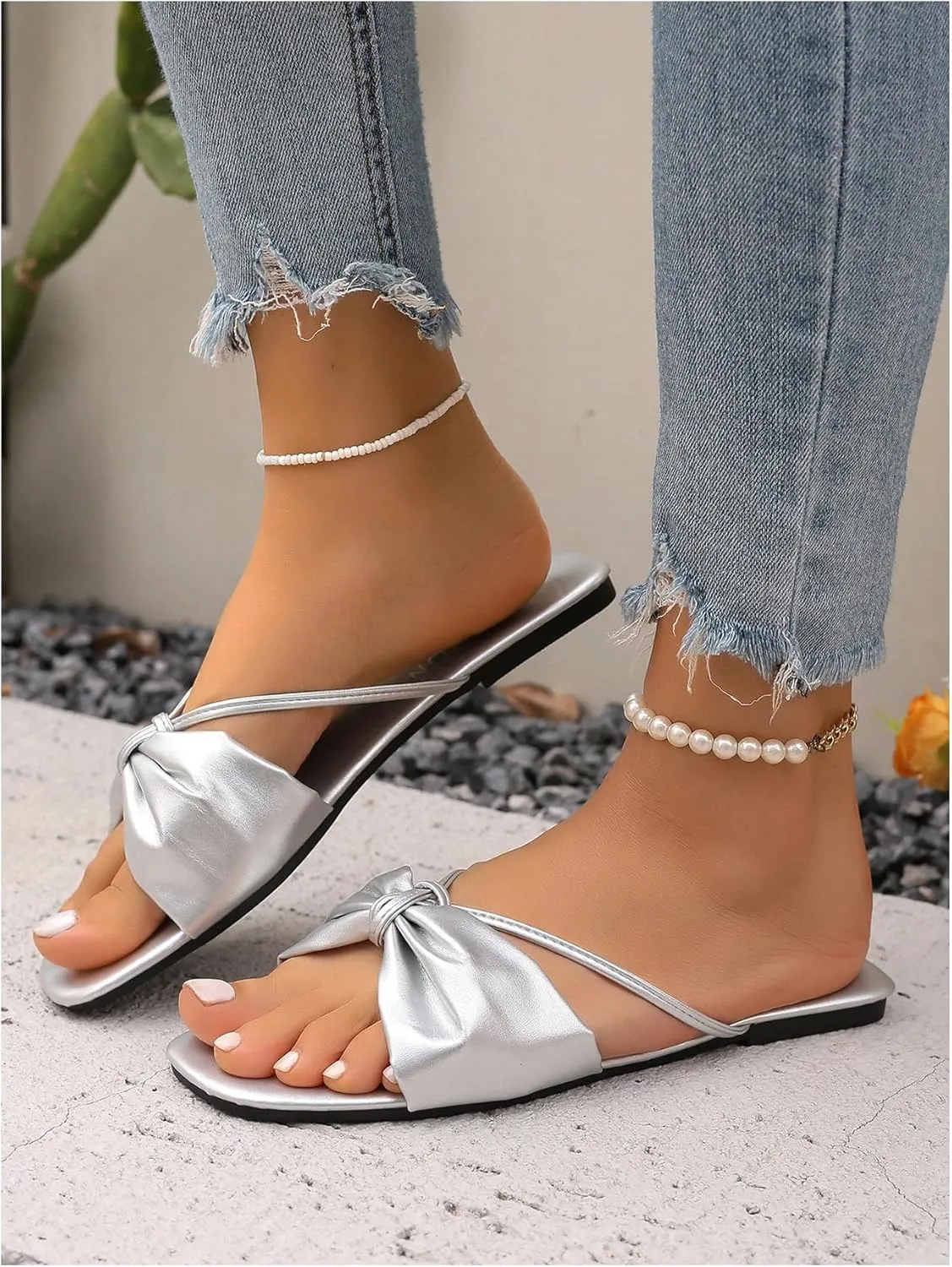 Toe Summer Slides Sandal etiquette excess toil GORGLITTER Women's Bow Flats Sandals Dress Strappy Open 