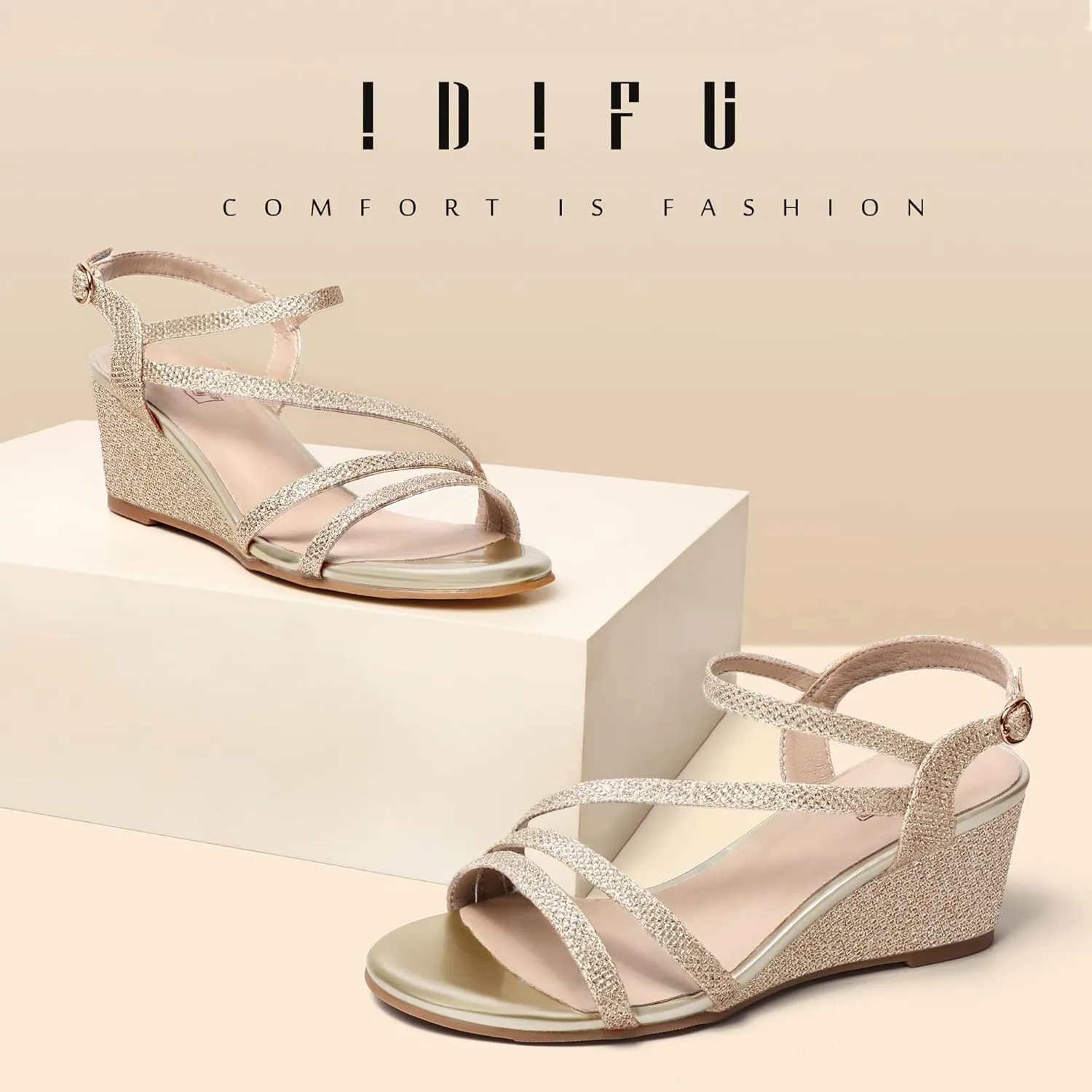 Toe Wedding Bridal Shoes for Woman Ladies Evening Formal IDIFU Women's Wedge Heel Sandal Dress educationally socially Low Strappy 2 Inch Open 