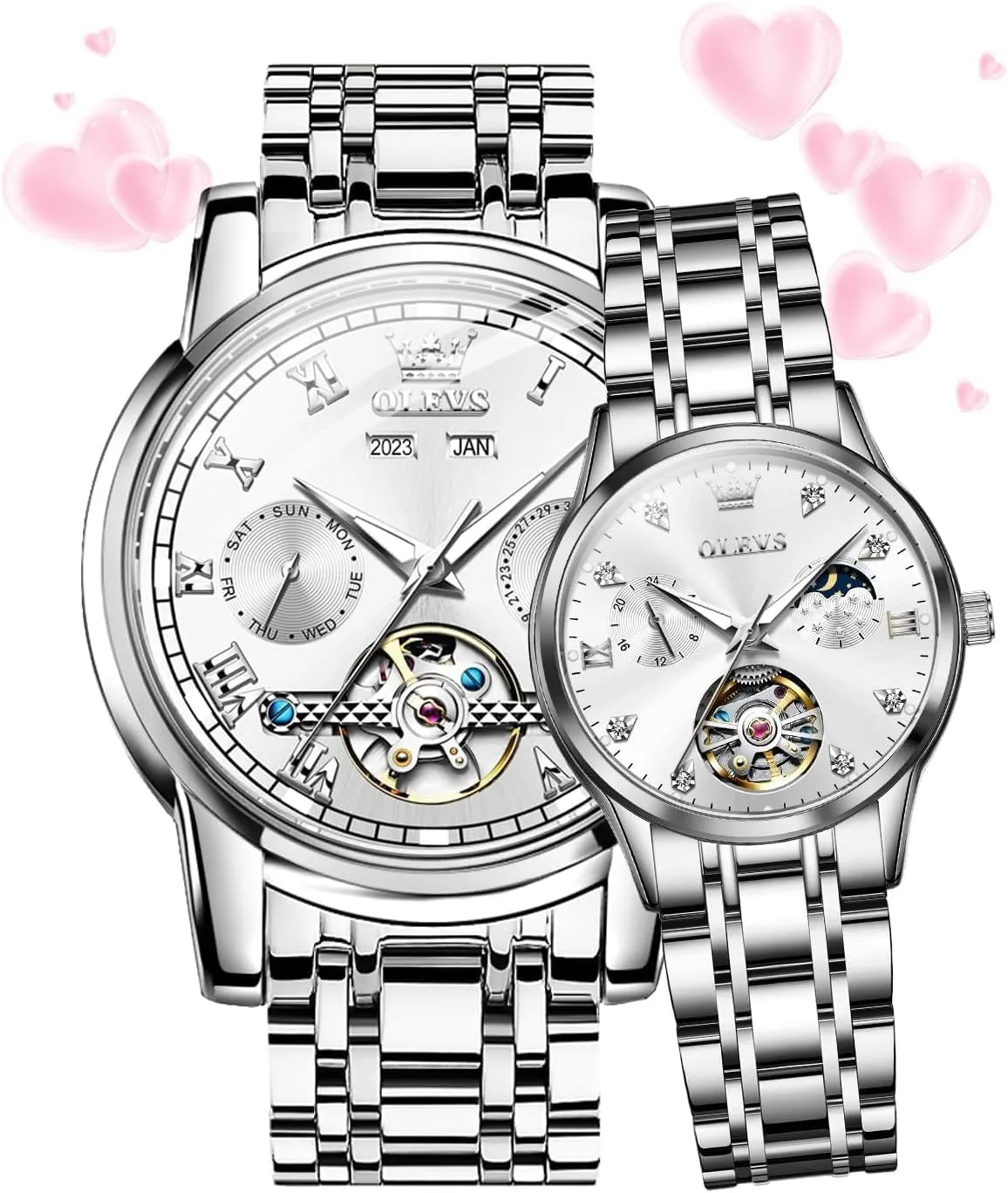 Tone Stainless Steel Waterproof Luminous Date Wrist Watches OLEVS Couple Watches anew shoreline selfish Men and Women Automatic His and Her Set Watch Mechanical Tow 