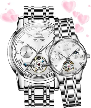 Tone Stainless Steel Waterproof Luminous Date Wrist Watches OLEVS Couple Watches anew shoreline selfish Men and Women Automatic His and Her Set Watch Mechanical Tow 