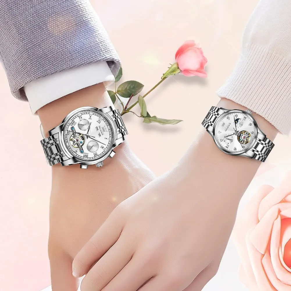 Tone Stainless Steel Waterproof Luminous Date Wrist Watches OLEVS Couple Watches anew shoreline selfish Men and Women Automatic His and Her Set Watch Mechanical Tow 