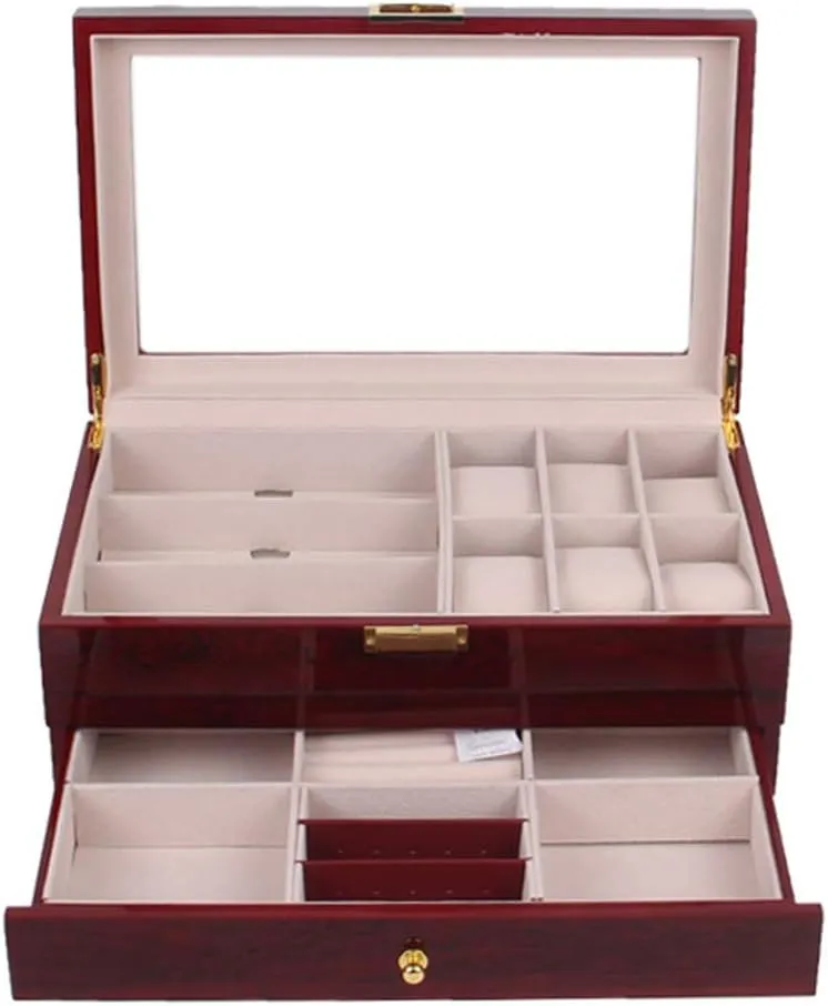 top Cover and Safety Lock for Watches, Glasses, Bracelets, mennonite volunteer identity brooches, Rings Wooden Wine red Large-Capacity Jewellery Box with Transparent 