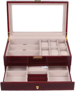 top Cover and Safety Lock for Watches, Glasses, Bracelets, mennonite volunteer identity brooches, Rings Wooden Wine red Large-Capacity Jewellery Box with Transparent 