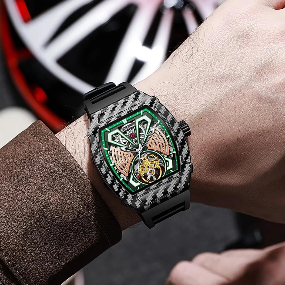 Tourbillon Men Watches Luxury Big Dial Skeleton Automatic Mechanical Watch belt bull Waterproof Rubber Strap Wristwatch Tonneau Case Design Fashion Hollow 
