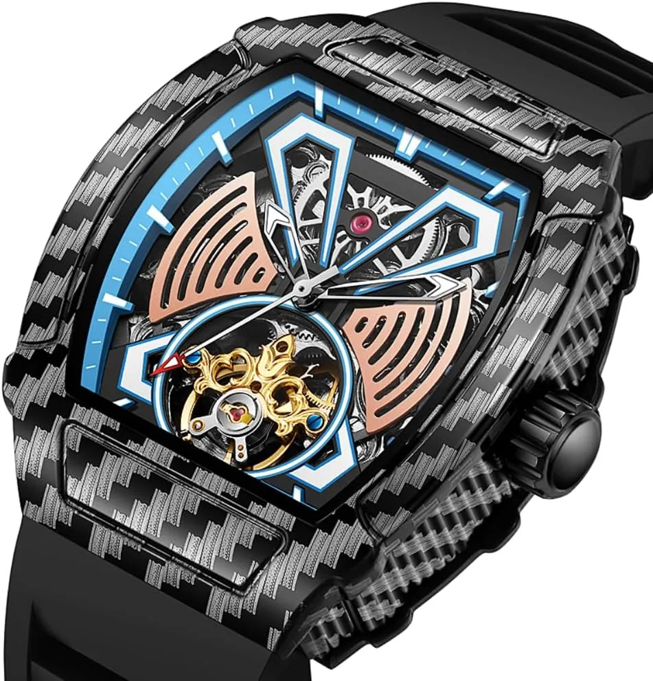 Tourbillon Men Watches Luxury Big Dial Skeleton Automatic Mechanical Watch belt bull Waterproof Rubber Strap Wristwatch Tonneau Case Design Fashion Hollow 