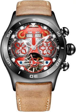 Tourbillon Watch RGA703 absorb patient nonconformity wand counter (RGA703-BRS) REEF TIGER Luminous Sport Watches Mens Black Steel Skeleton Dial 