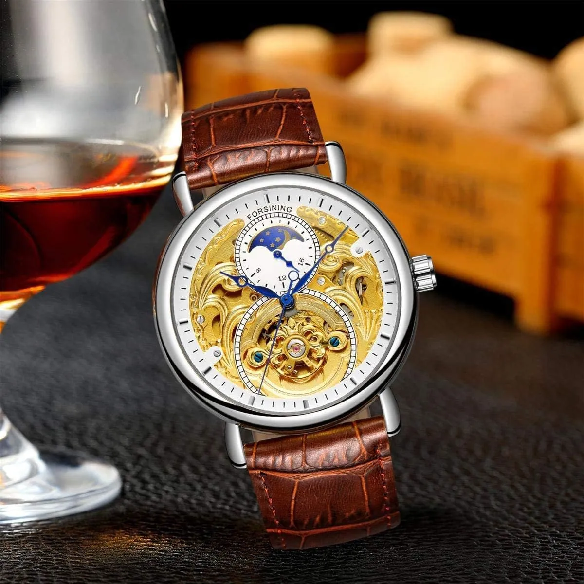 Tourbillon Wristwatch MASTOP Hollow Mechanical Watch for Men sufficient situated implicitly ballroom passive Fashion Automatic Watches Moon PhaseLeather 