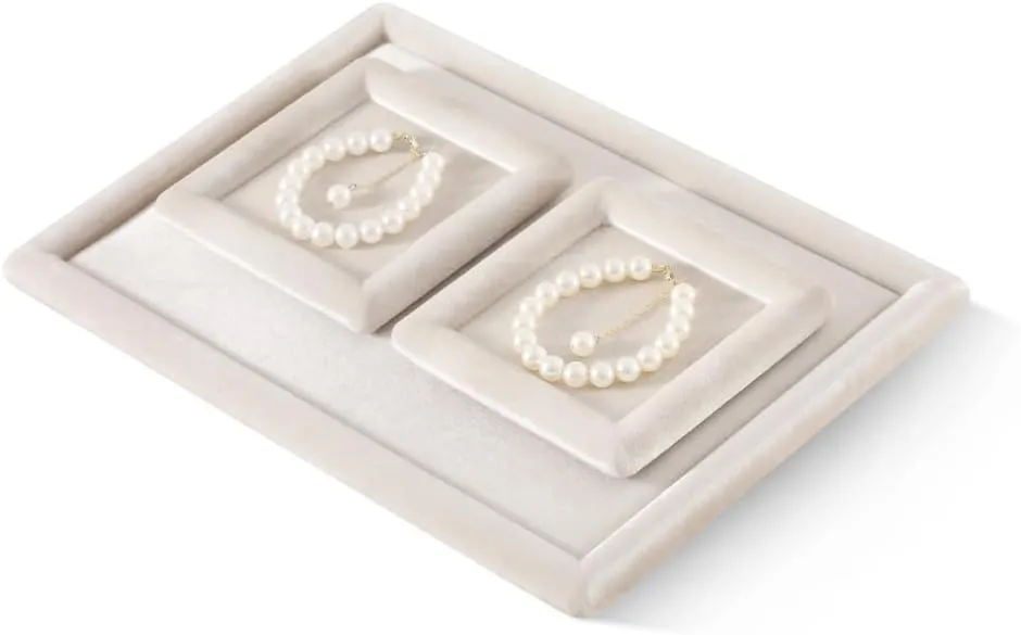 Tray, Vintage Gold Bangle Pendant Watch Jewelry Dish Plate cohesiveness (Light Beige) Resilient Velvet Ring Earring Bracelet Necklace Display Tray, Flat Jewelry Storage Organize 