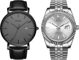 Two Men fountain alga Watches Fashion Minimalist Waterproof Leather Watches for Men BUREI 