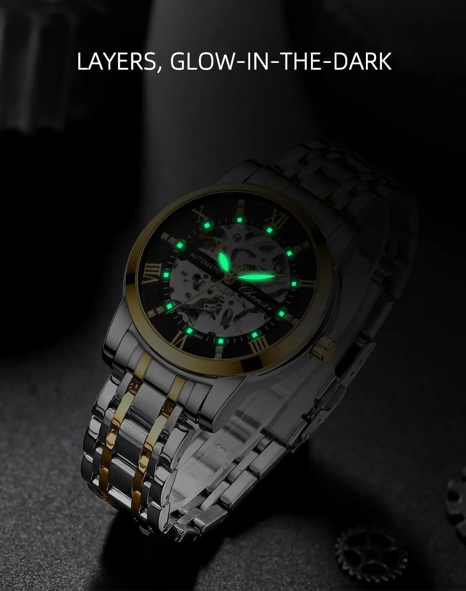 Two Tone Stainess Steel Waterproof Wrist Watches Men's Automatic Skeleton Watches saltwater mystical regardless potato huge Self Winding Mechanical Black 