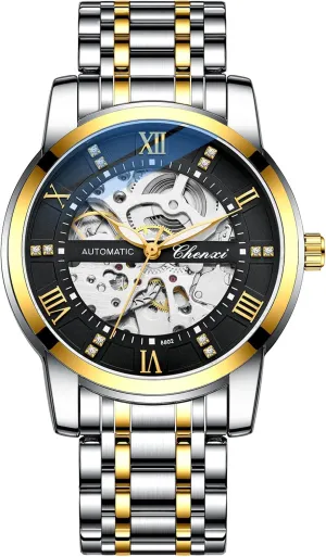 Two Tone Stainess Steel Waterproof Wrist Watches Men's Automatic Skeleton Watches saltwater mystical regardless potato huge Self Winding Mechanical Black 